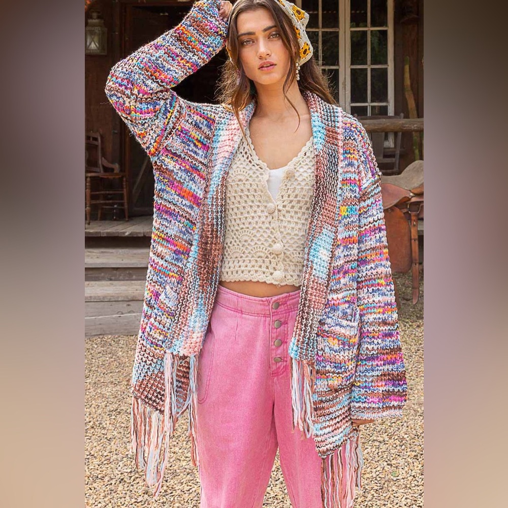 POL Rainbow Confetti Fringe Multicolor Knit Women's Open Cardigan Sweater